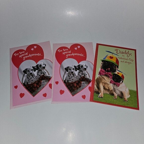 3 Valentine's Day Greeting Card Lot Dog Pug Dalmatian (2) Grandparents (1) Daddy - Picture 1 of 7